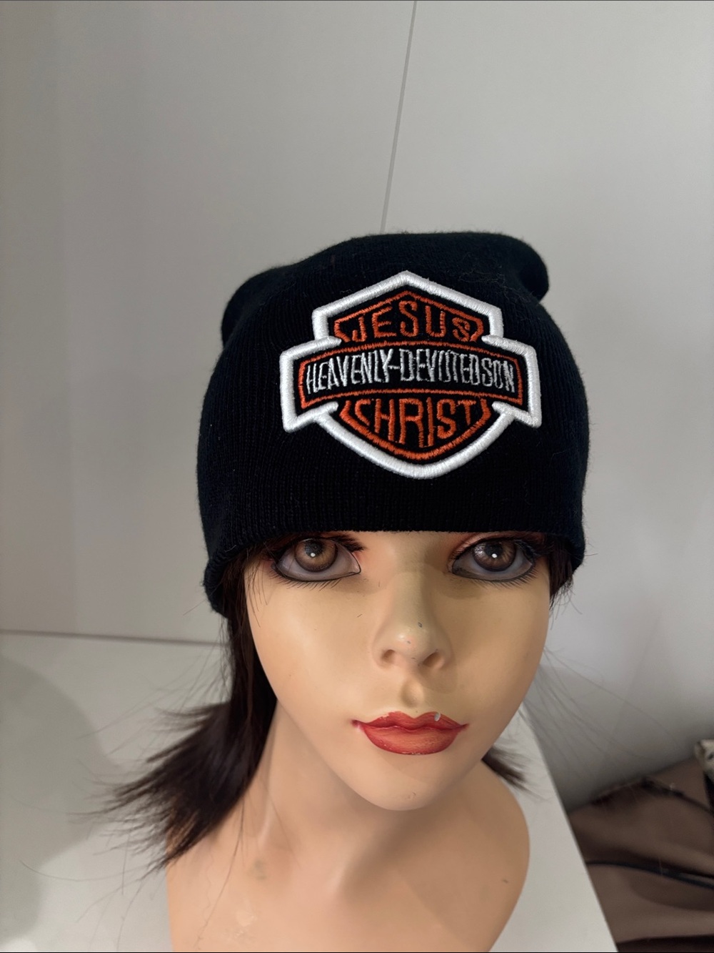Heavenly-Davidson 'Jesus Christ' Black Knit Beanie with Orange Patch